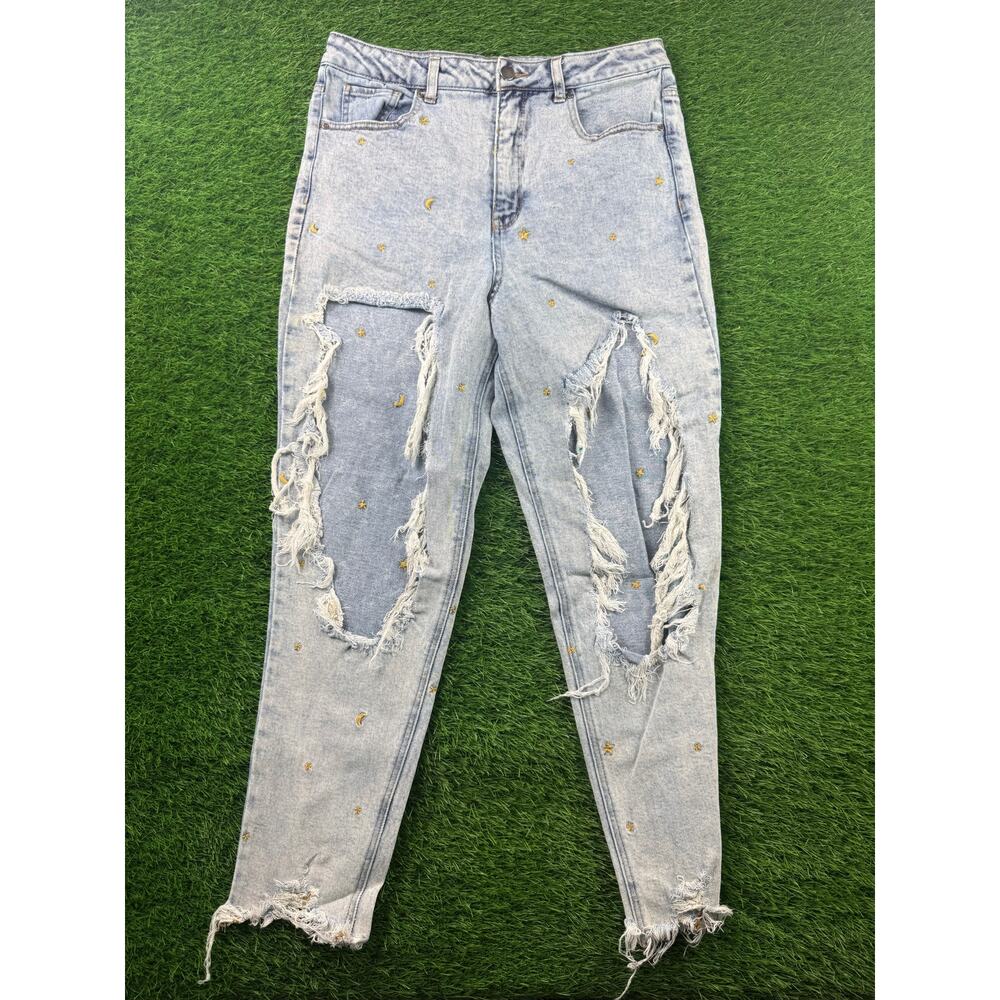 Tinseltown Women's 13 Hi-Rise Distressed Mom Jean Moon Star Raw Hem Denim Casual